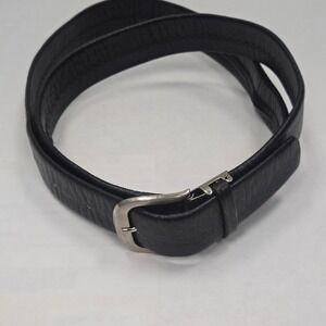 Vintage‎ Bonjour Mens Black Leather Money Belt Hidden Zipper Pocket SZ 44 Silver